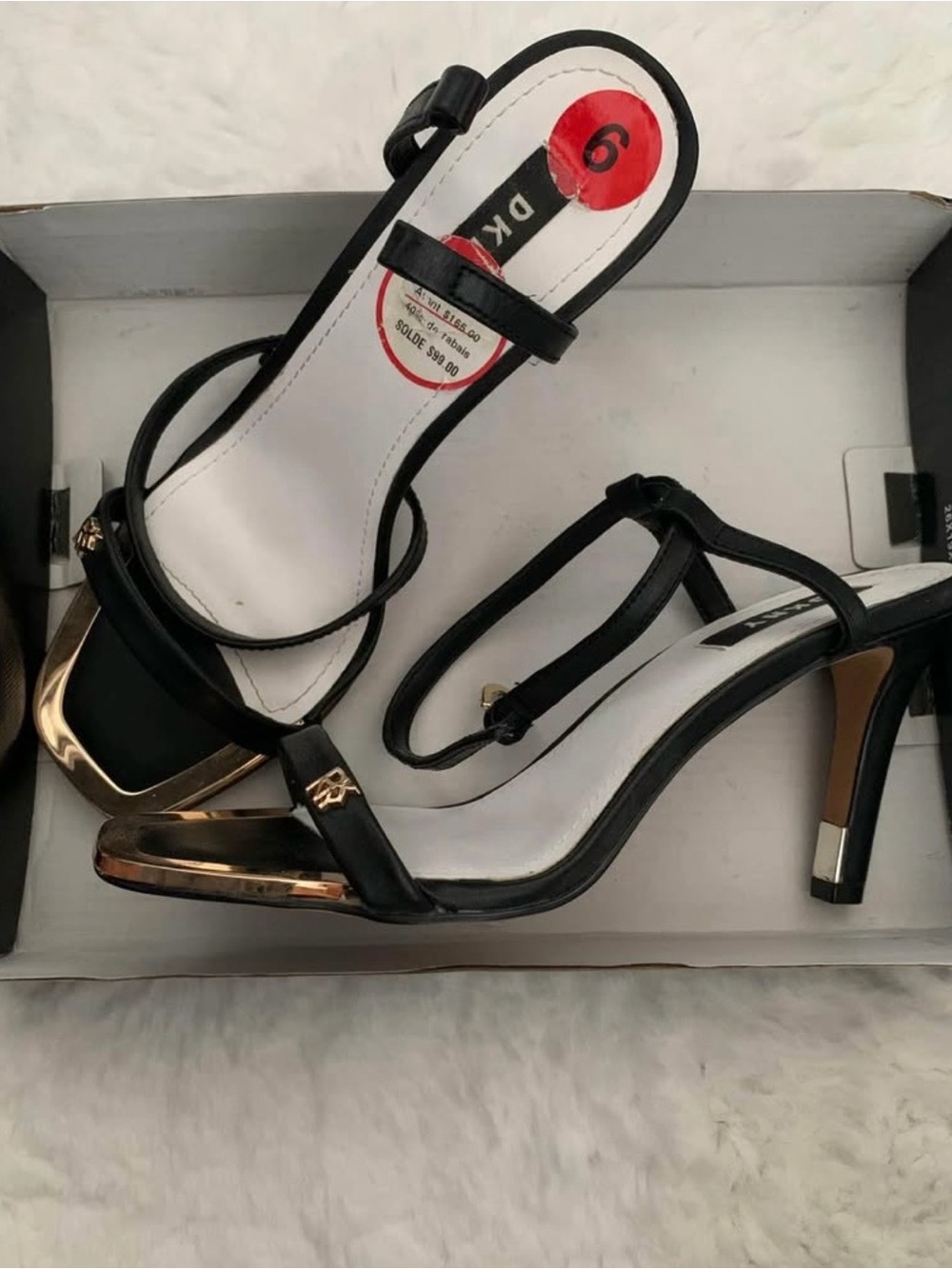 DKNY Black and Gold Open-Toe Strappy Heels
